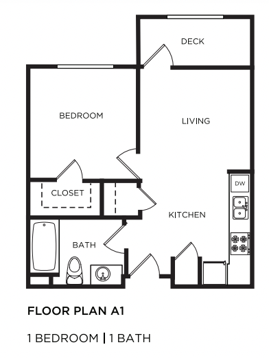 Floor plan for 1 bed, 1 bath, 663 sqft